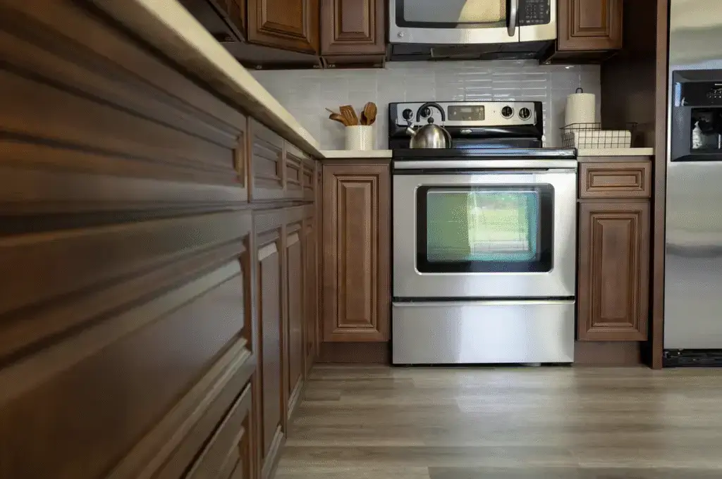 Warm traditional kitchen with rich wood cabinets and decorative wine storage