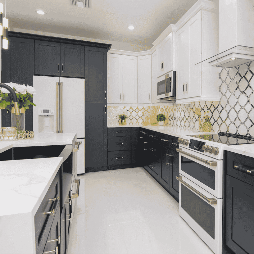 dark bottom kitchen cabinets paired with white cabinets above