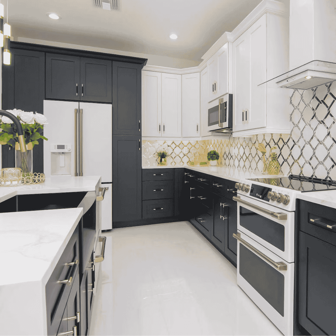 dark bottom kitchen cabinets paired with white cabinets above